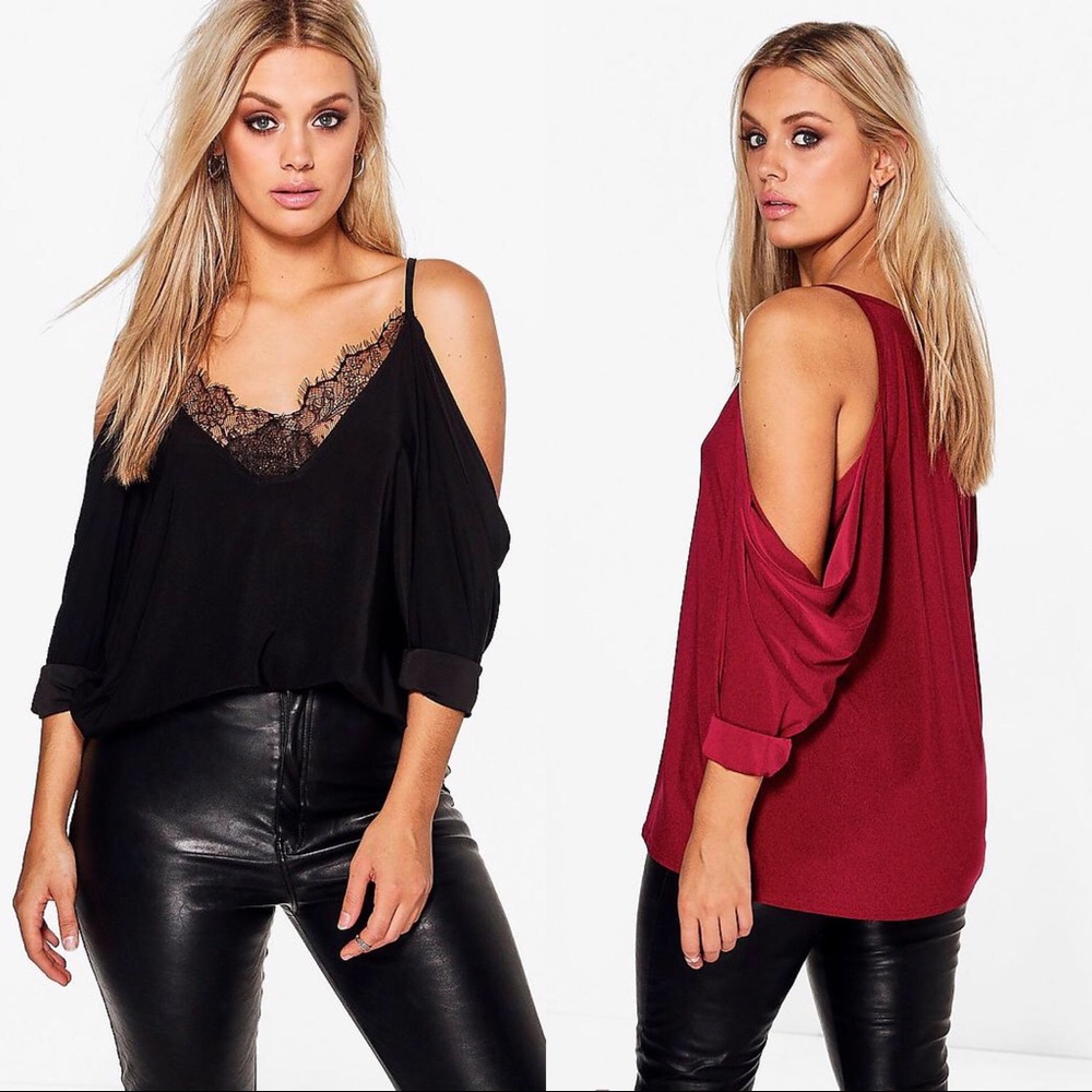 ❣️Plus Dani Lace Trim V Neck Cold Shoulder Top❣️